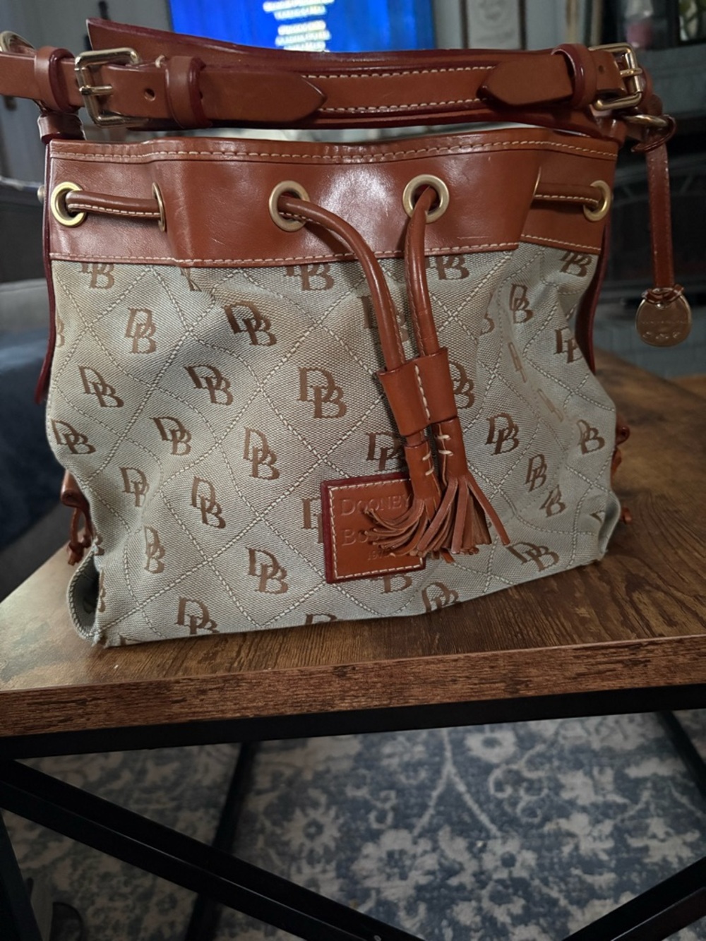 Dooney & Bourke Tan Leather-Trim Logo Drawstring Crossbody